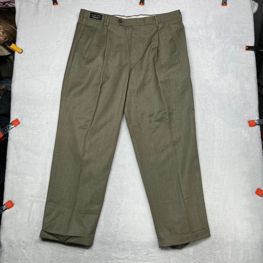 Dockers Super 100s Dress Pants Men's Olive Pleated Wool Blend Cuffed - 36X28.5